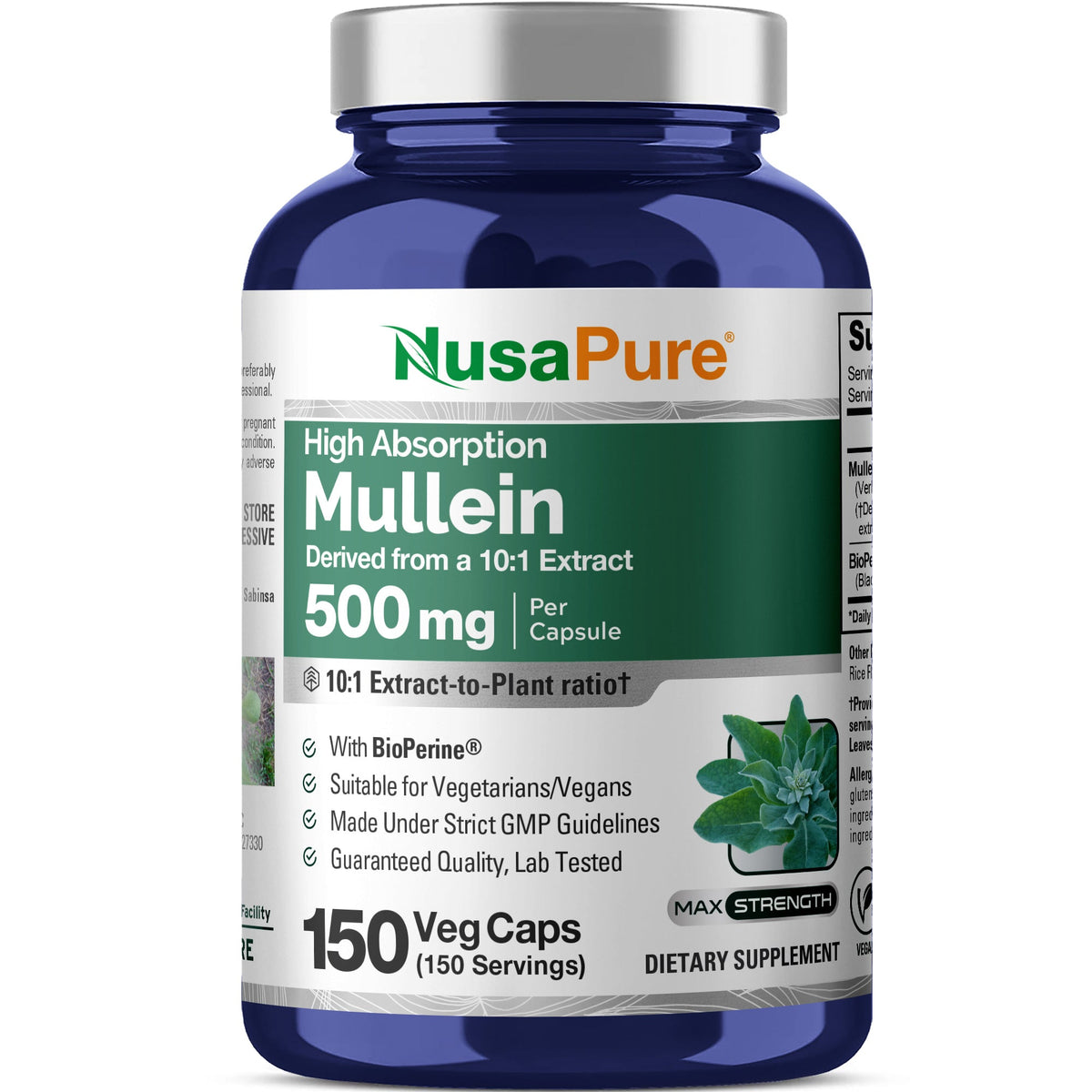 NusaPure Mullein Leaf Extract 500mg – 150 Capsules