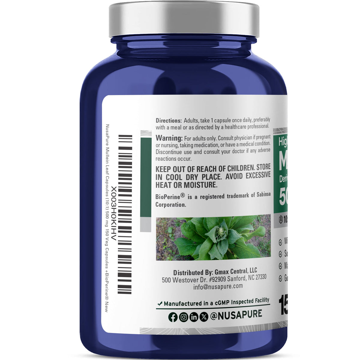 NusaPure Mullein Leaf Extract 500mg – 150 Capsules