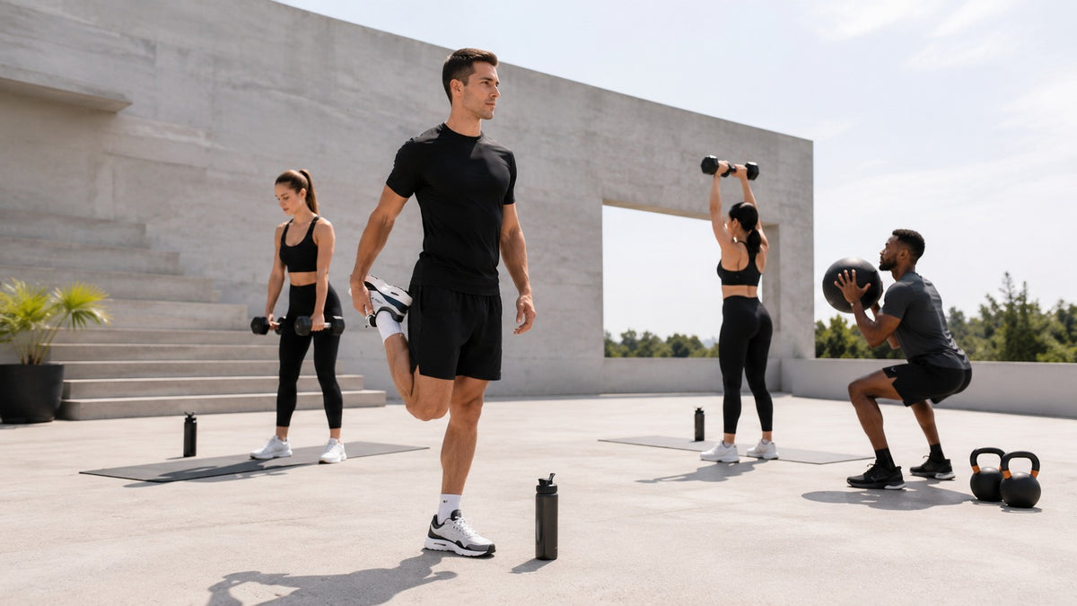 A group of people exercising outdoors on a concrete patio in front of a modern concrete building. The central figure is a man in a black athletic shirt and shorts stretching his leg, while other exercisers perform exercises with dumbbells, a ball, and kettlebells.