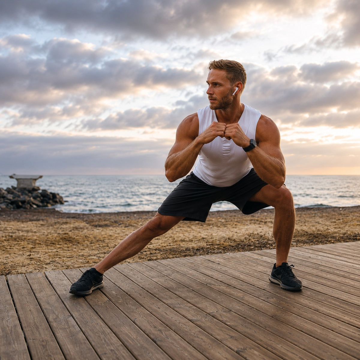 A man in a white tank top and black athletic shorts performs a lunge exercise on a wooden boardwalk by the ocean at sunset.