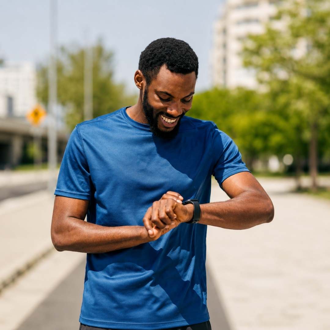 A smiling man in a blue athletic t-shirt checks the time on a black smartwatch outdoors on a sunny day.