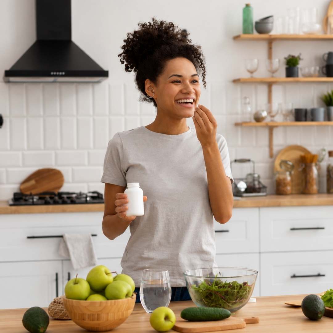 A woman in a gray t-shirt stands in a bright kitchen, holding a white bottle and a pill near her mouth. Green apples, a glass of water, and a bowl of greens are on the counter in front of her.